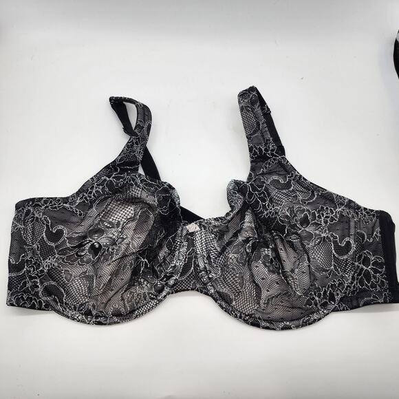 Cacique Black Lace Embroidered Balconette Bra Underwire Bow Size 46D - Picture 2 of 8